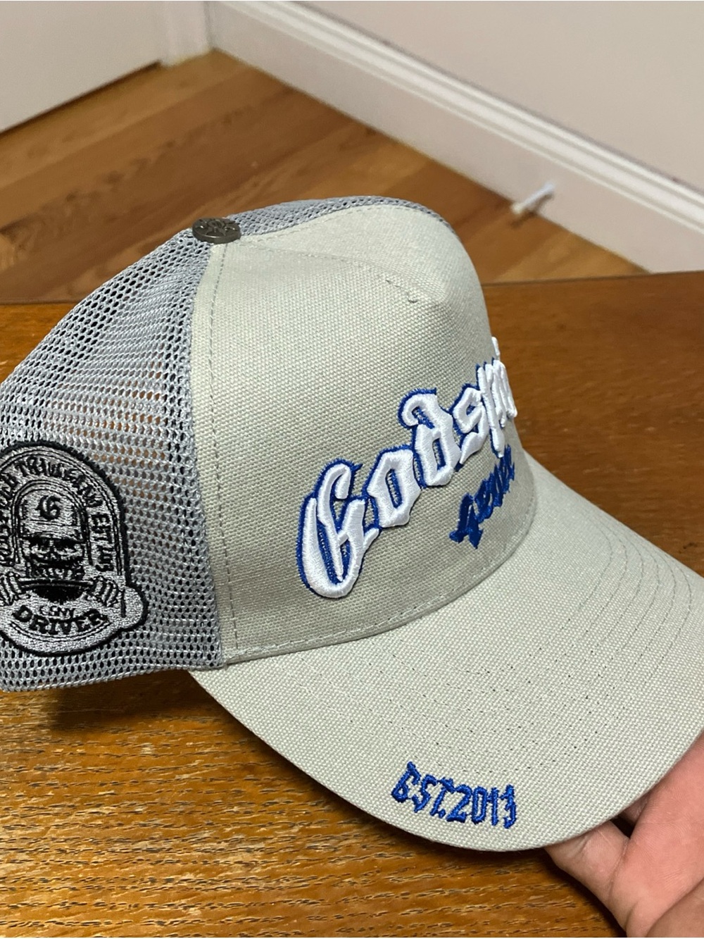 Light Gray Mesh Trucker Hat with Blue Embroidery